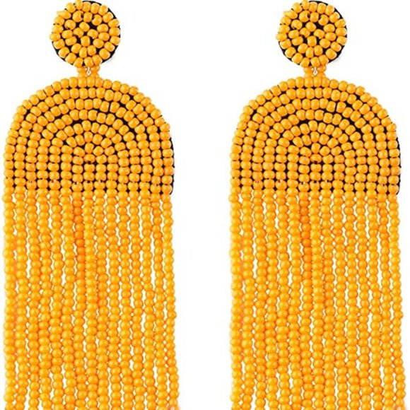 Long 4.5" Orange Yellow Art Deco Oversized Earrings New Bohemian Tassel Fringe - Picture 3 of 5
